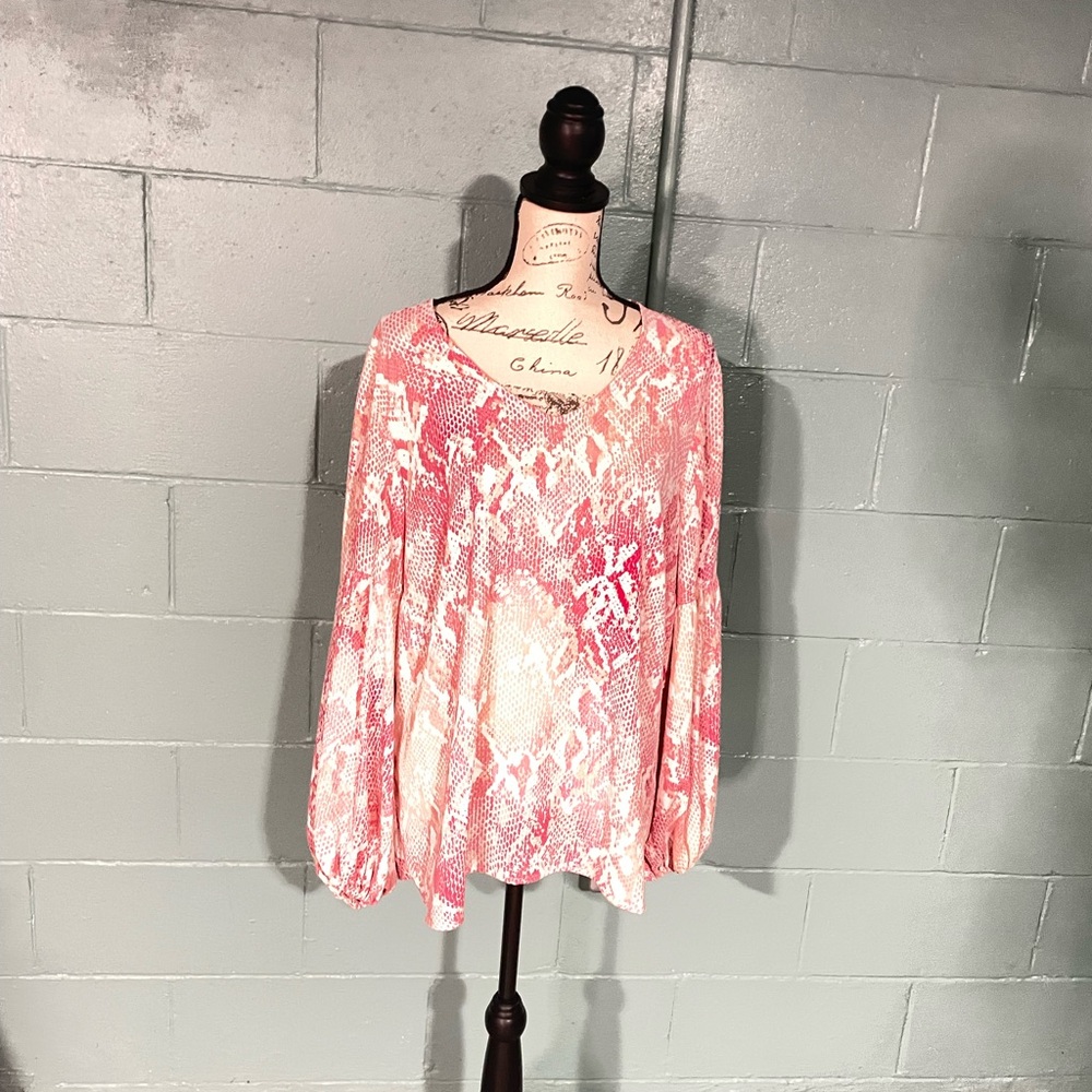 CAbi Blouse in Pink and Cream Snake Print